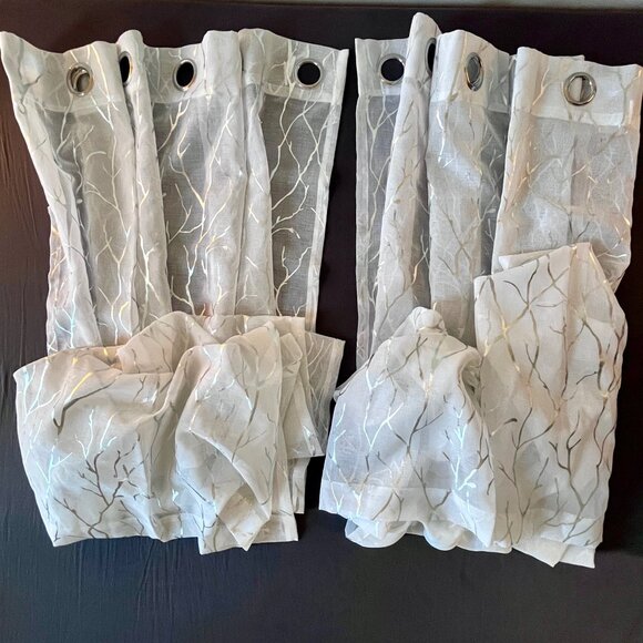 Sheer Curtains 52"W x 84"L White with Silver Tree Branches Grommet Top 2 Panels - Picture 3 of 5